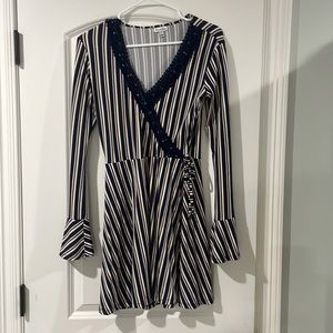 STRIPED WRAP DRESS WITH BELL SLEEVES | faux wrap mini dress